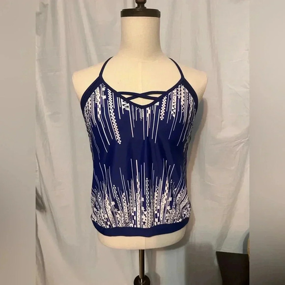 Strappy Loose Fitting Bathing Suit Top. Sz L. Royal Blue/White. Removable Cups. - Picture 1 of 7